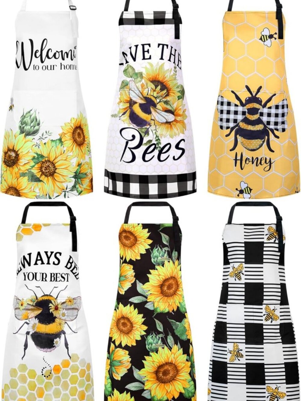 6 Pcs Floral Summer Kitchen Aprons with Pockets - Bee, Butterfly & Sunflower